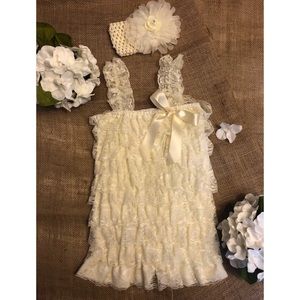 Girl Ivory Lace Romper with Headband Set